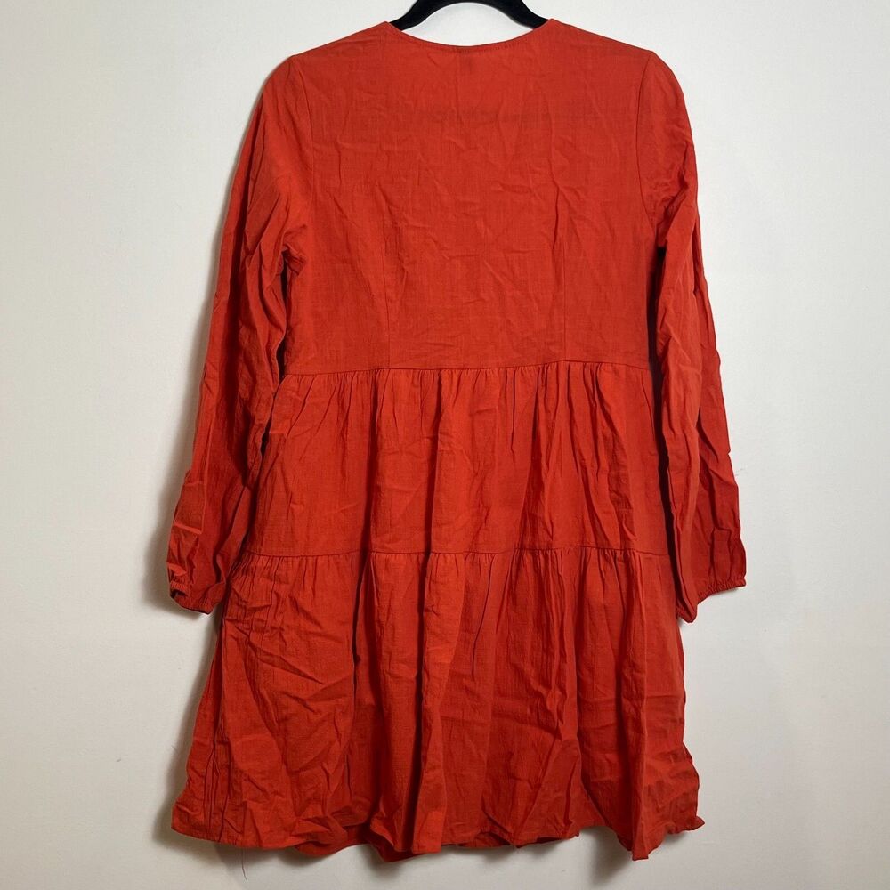 Cianni Burnt Orange Long Sleeve Tiered Babydoll Dress V-Neck Mini w/Pockets NWT - Picture 2 of 6